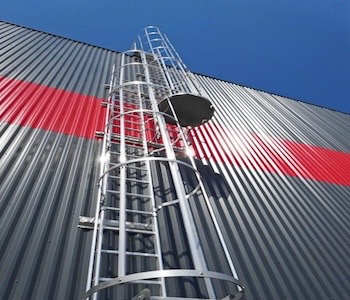 Echelle à Crinoline adossée au mur d'une usine permettant d'atteindre le toit.